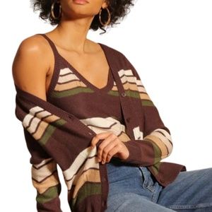 Minnie Rose Super Soft Pure Cashmere Wool V-Neck Stripe Brown Sweater Cami